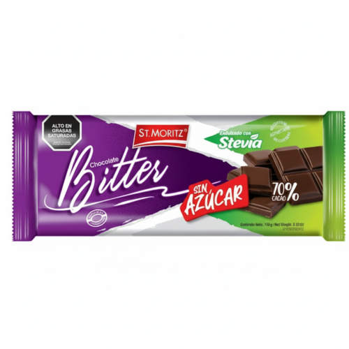 CHOCOLATE BITTER SIN AZUCAR EN TABLETA STEVIA ST. MORITZ